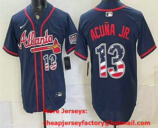 Men's Atlanta Braves #13 Ronald Acuna Jr Navy USA 250 Fourth of July Home Stadium Stitched Jersey