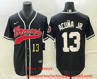 Men's Atlanta Braves #13 Ronald Acuna Jr Number Black Cool Base Stitched Baseball Jersey 01