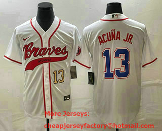 Men's Atlanta Braves #13 Ronald Acuna Jr Number White Cool Base With Patch Stitched Baseball Jersey 01