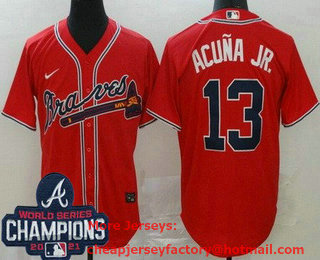 Men's Atlanta Braves #13 Ronald Acuna Jr Red 2021 World Series Champions Stitched Cool Base Nike Jersey