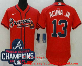 Men's Atlanta Braves #13 Ronald Acuna Jr Red 2021 World Series Champions Stitched Flex Base Nike Jersey