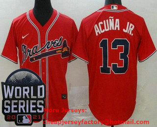Men's Atlanta Braves #13 Ronald Acuna Jr Red 2021 World Series Stitched Cool Base Nike Jersey