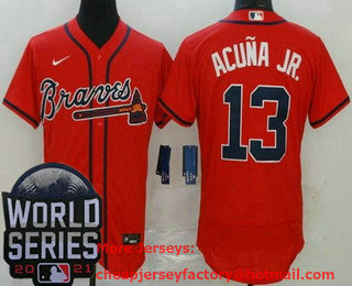 Men's Atlanta Braves #13 Ronald Acuna Jr Red 2021 World Series Stitched Flex Base Nike Jersey