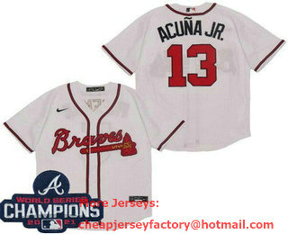 Men's Atlanta Braves #13 Ronald Acuna Jr White 2021 World Series Champions Stitched Cool Base Nike Jersey
