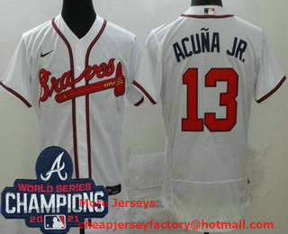 Men's Atlanta Braves #13 Ronald Acuna Jr White 2021 World Series Champions Stitched Flex Base Nike Jersey