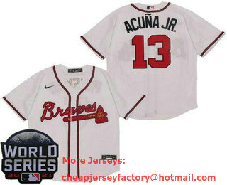 Men's Atlanta Braves #13 Ronald Acuna Jr White 2021 World Series Stitched Cool Base Nike Jersey