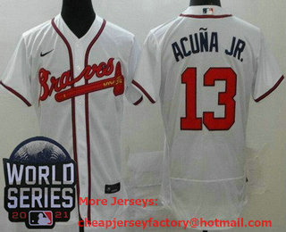 Men's Atlanta Braves #13 Ronald Acuna Jr White 2021 World Series Stitched Flex Base Nike Jersey
