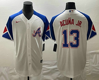 Men's Atlanta Braves #13 Ronald Acuna Jr White 2023 City Connect Cool Base Stitched Jersey 01