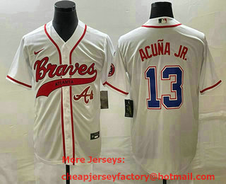 Men's Atlanta Braves #13 Ronald Acuna Jr White Cool Base With Patch Stitched Baseball Jersey 02