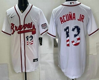 Men's Atlanta Braves #13 Ronald Acuna Jr White USA 250 Fourth of July Home Stadium Stitched Jersey