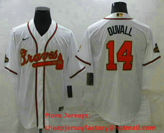 Men's Atlanta Braves #14 Adam Duvall 2022 White Gold World Series Champions Program Cool Base Stitched Baseball Jersey