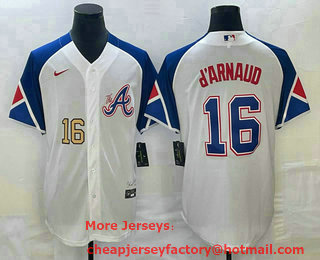 Men's Atlanta Braves #16 Travis dArnaud Number White 2023 City Connect Cool Base Stitched Jersey 11