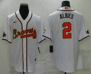 Men's Atlanta Braves #2 Ozzie Albies 2022 White Gold World Series Champions Program Cool Base Stitched Baseball Jersey