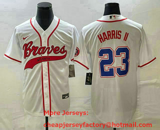 Men's Atlanta Braves #23 Michael Harris II White Cool Base With Patch Stitched Baseball Jersey 02