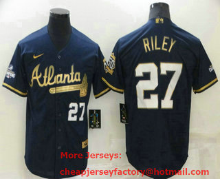 Men's Atlanta Braves #27 Austin Riley 2022 Navy Blue 2021 World Series Champions Golden Edition Stitched Cool Base Nike Jersey