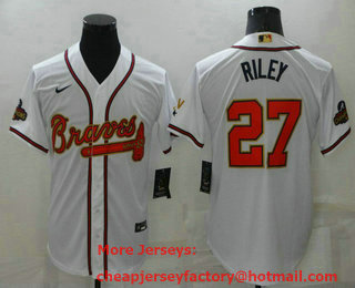 Men's Atlanta Braves #27 Austin Riley 2022 White Gold World Series Champions Program Cool Base Stitched Baseball Jersey