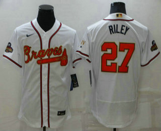 Men's Atlanta Braves #27 Austin Riley 2022 White Gold World Series Champions Program Flex Base Stitched Baseball Jersey
