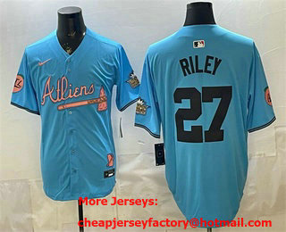 Men's Atlanta Braves #27 Austin Riley Blue 2024 Atliens Peach With Outkast Patch Vapor Limited Stitched Jersey
