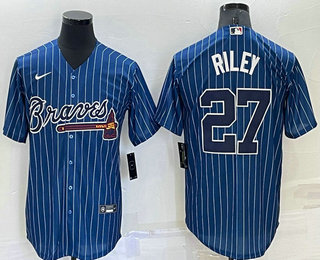 Men's Atlanta Braves #27 Austin Riley Navy Blue Pinstripe Stitched MLB Cool Base Nike Jersey