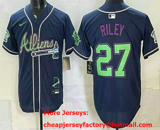 Men's Atlanta Braves #27 Austin Riley Navy Galaxy With Outkast Patch Vapor Limited Stitched Jersey
