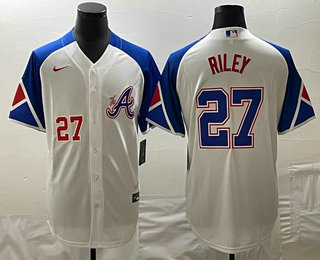 Men's Atlanta Braves #27 Austin Riley Number White 2023 City Connect Cool Base Stitched Jersey 01