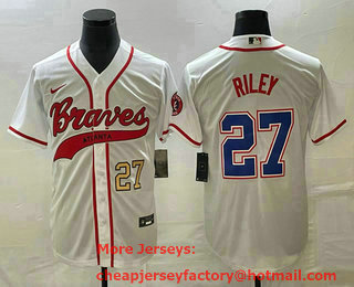 Men's Atlanta Braves #27 Austin Riley Number White Cool Base With Patch Stitched Baseball Jersey 01