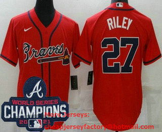 Men's Atlanta Braves #27 Austin Riley Red 2021 World Series Champions Stitched Cool Base Nike Jersey