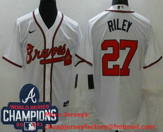 Men's Atlanta Braves #27 Austin Riley White 2021 World Series Champions Stitched Cool Base Nike Jersey