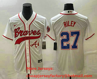 Men's Atlanta Braves #27 Austin Riley White Cool Base With Patch Stitched Baseball Jersey 01