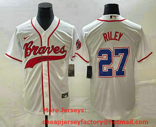 Men's Atlanta Braves #27 Austin Riley White Cool Base With Patch Stitched Baseball Jersey 02