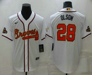 Men's Atlanta Braves #28 Matt Olson 2022 White Gold World Series Champions Program Cool Base Stitched Baseball Jersey