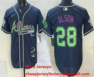 Men's Atlanta Braves #28 Matt Olson Navy Galaxy With Outkast Patch Vapor Limited Stitched Jersey