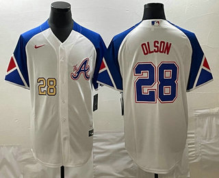 Men's Atlanta Braves #28 Matt Olson Number White 2023 City Connect Cool Base Stitched Jersey 02