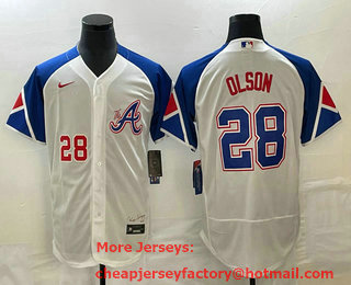 Men's Atlanta Braves #28 Matt Olson Number White 2023 City Connect Flex Base Stitched Jersey 01