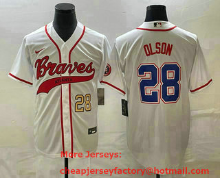 Men's Atlanta Braves #28 Matt Olson Number White Cool Base With Patch Stitched Baseball Jersey 01