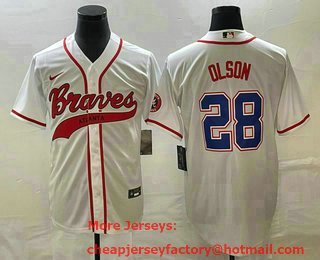 Men's Atlanta Braves #28 Matt Olson White Cool Base With Patch Stitched Baseball Jersey 02