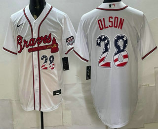 Men's Atlanta Braves #28 Matt Olson White USA 250 Fourth of July Home Stadium Stitched Jersey