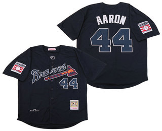 Men's Atlanta Braves #44 Hank Aaron 1974 Hall of Fame Navy Blue Stitched MLB Throwback Jersey By Mitchell & Ness