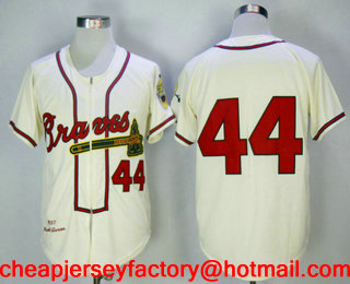 Men's Atlanta Braves #44 Hank Aaron Cream 1957 Cooperstown Collection Stitched MLB Throwback Jersey By Mitchell & Ness