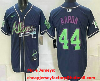 Men's Atlanta Braves #44 Hank Aaron Navy Galaxy With Outkast Patch Vapor Limited Stitched Jersey