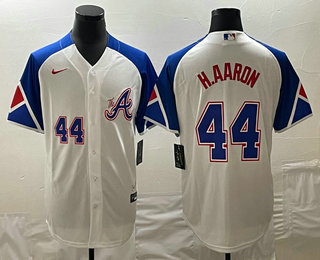 Men's Atlanta Braves #44 Hank Aaron Number White 2023 City Connect Cool Base Stitched Jersey 01