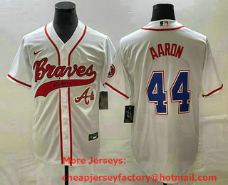 Men's Atlanta Braves #44 Hank Aaron White Cool Base With Patch Stitched Baseball Jersey 01