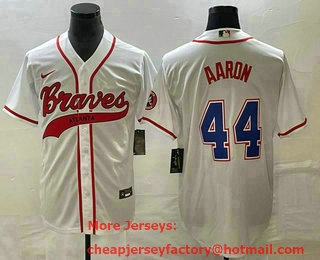 Men's Atlanta Braves #44 Hank Aaron White Cool Base With Patch Stitched Baseball Jersey 02