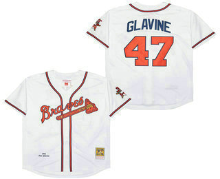 Men's Atlanta Braves #47 Tom Glavine White Cooperstown Collection Cool Base Jersey w1995 World Series Patch