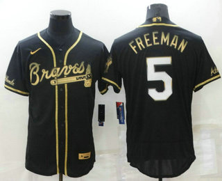Men's Atlanta Braves #5 Freddie Freeman Black 2021 Golden Edition Stitched Flex Base Nike Jersey