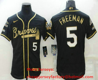 Men's Atlanta Braves #5 Freddie Freeman Black 2021 World Series Champions Golden Edition Stitched Flex Base Nike Jersey