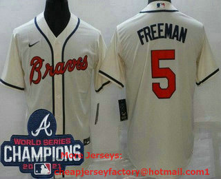 Men's Atlanta Braves #5 Freddie Freeman Cream 2021 World Series Champions Cool Base Jersey