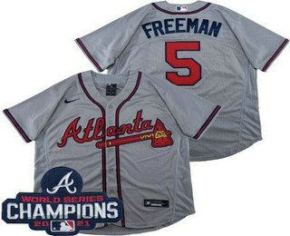 Men's Atlanta Braves #5 Freddie Freeman Gray 2021 World Series Champions Authentic Jersey