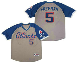 Men's Atlanta Braves #5 Freddie Freeman Gray With Blue Pullover Stitched MLB Turn Back the Clock Jersey