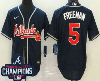 Men's Atlanta Braves #5 Freddie Freeman Navy 2021 World Series Champions Cool Base Jersey